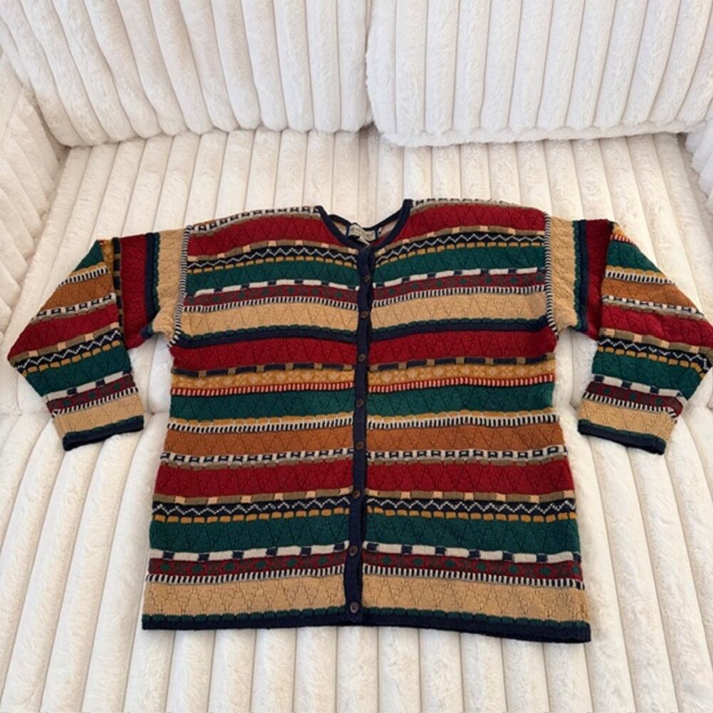 VINTAGE 1980s Ruff Hewn Cardigan‎ Multicolor Textured Sweater Women's Large - Picture 10 of 10